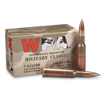 500 Rounds of 7.62x54r Ammo by Wolf Military Classic - 148gr FMJ